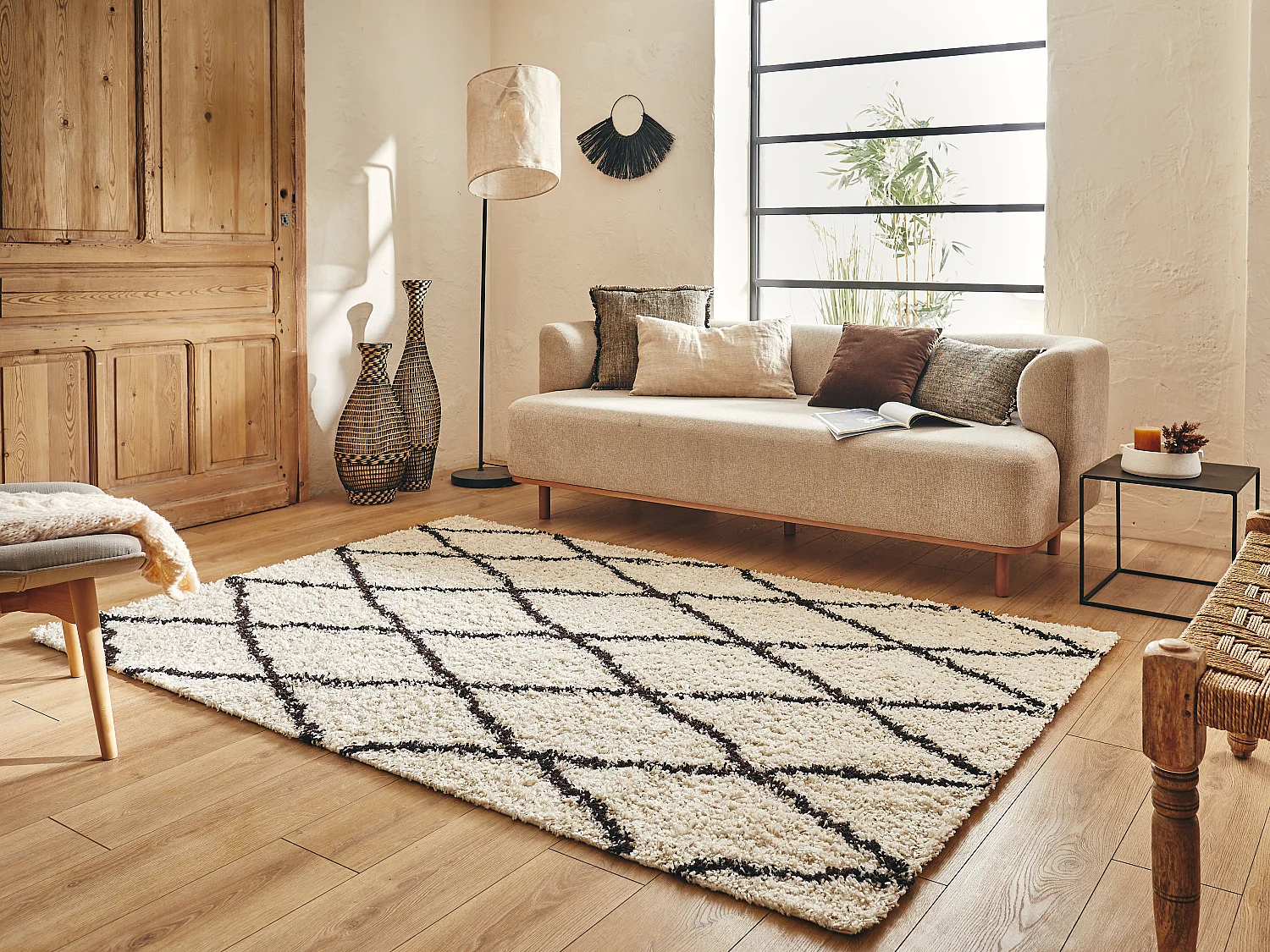 Tapis salon Shaggy au motif berbère crème - 120x160cm
