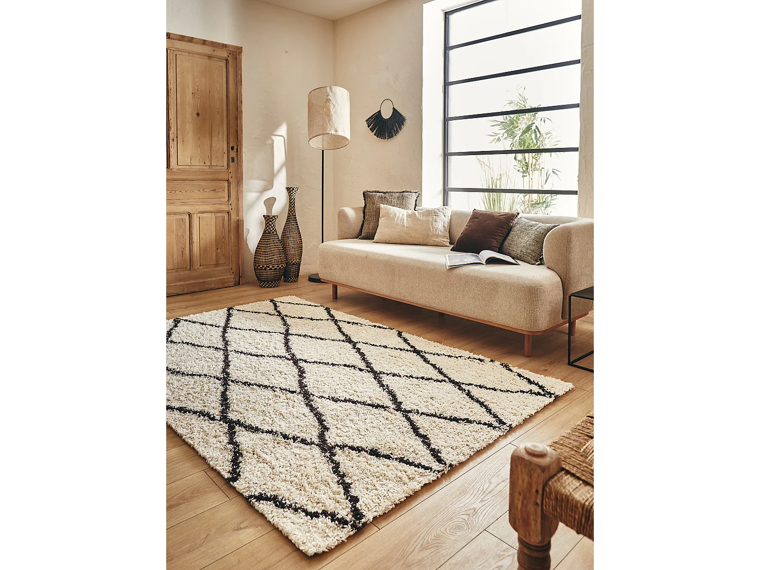 Tapis salon Shaggy au motif berbère crème - 120x160cm
