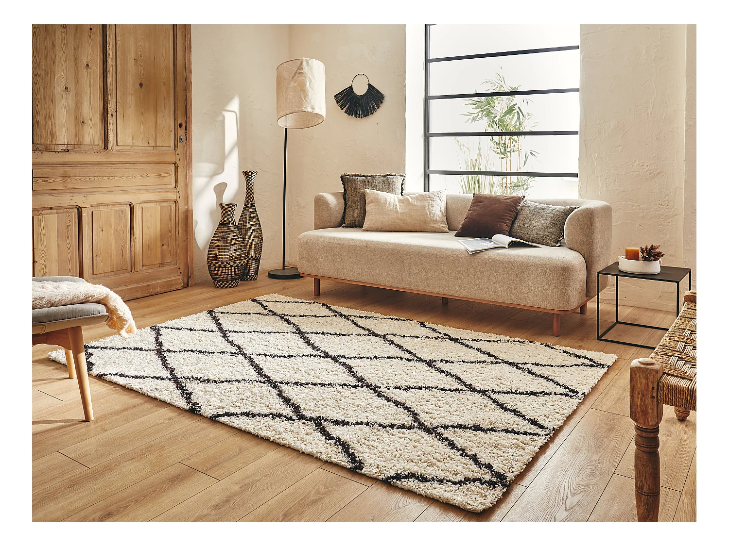 Tapis salon Shaggy au motif berbère crème - 120x160cm