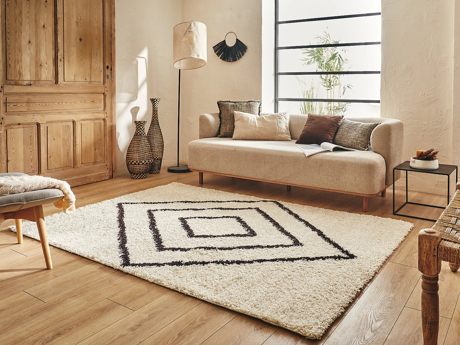 Tapis de salon - motif berbère - laine artificielle - Asma - 67x180cm - Crème