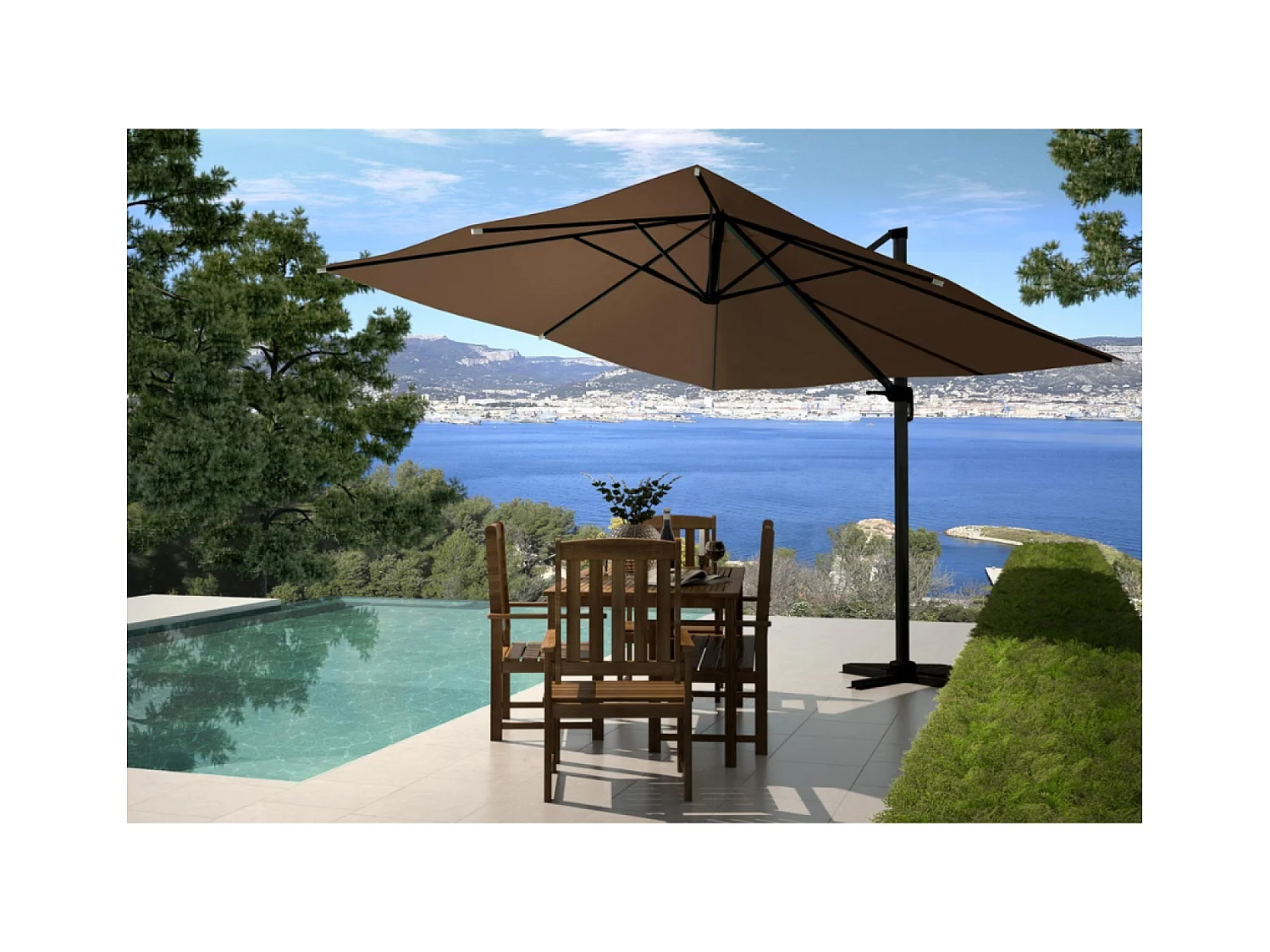 Parasol déporté et rotatif 3 x 3 m chocolat PALATINO