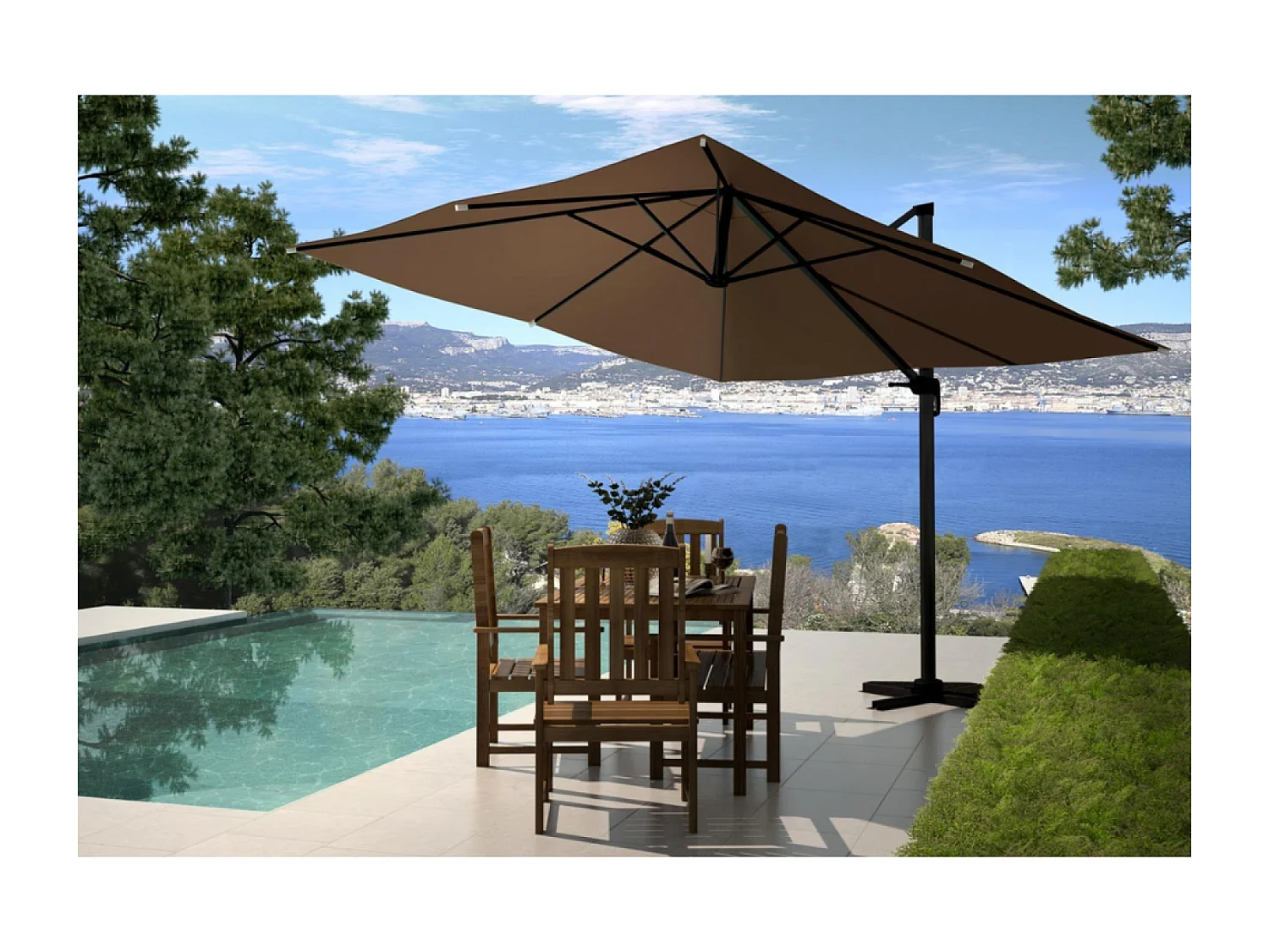 Parasol déporté et rotatif 3 x 3 m chocolat PALATINO