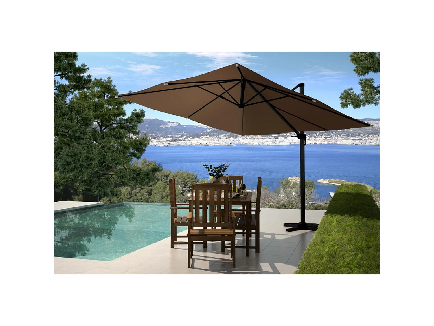 Parasol  marron déporté carré 3 x 3 m rotatif à 360 PALATINO