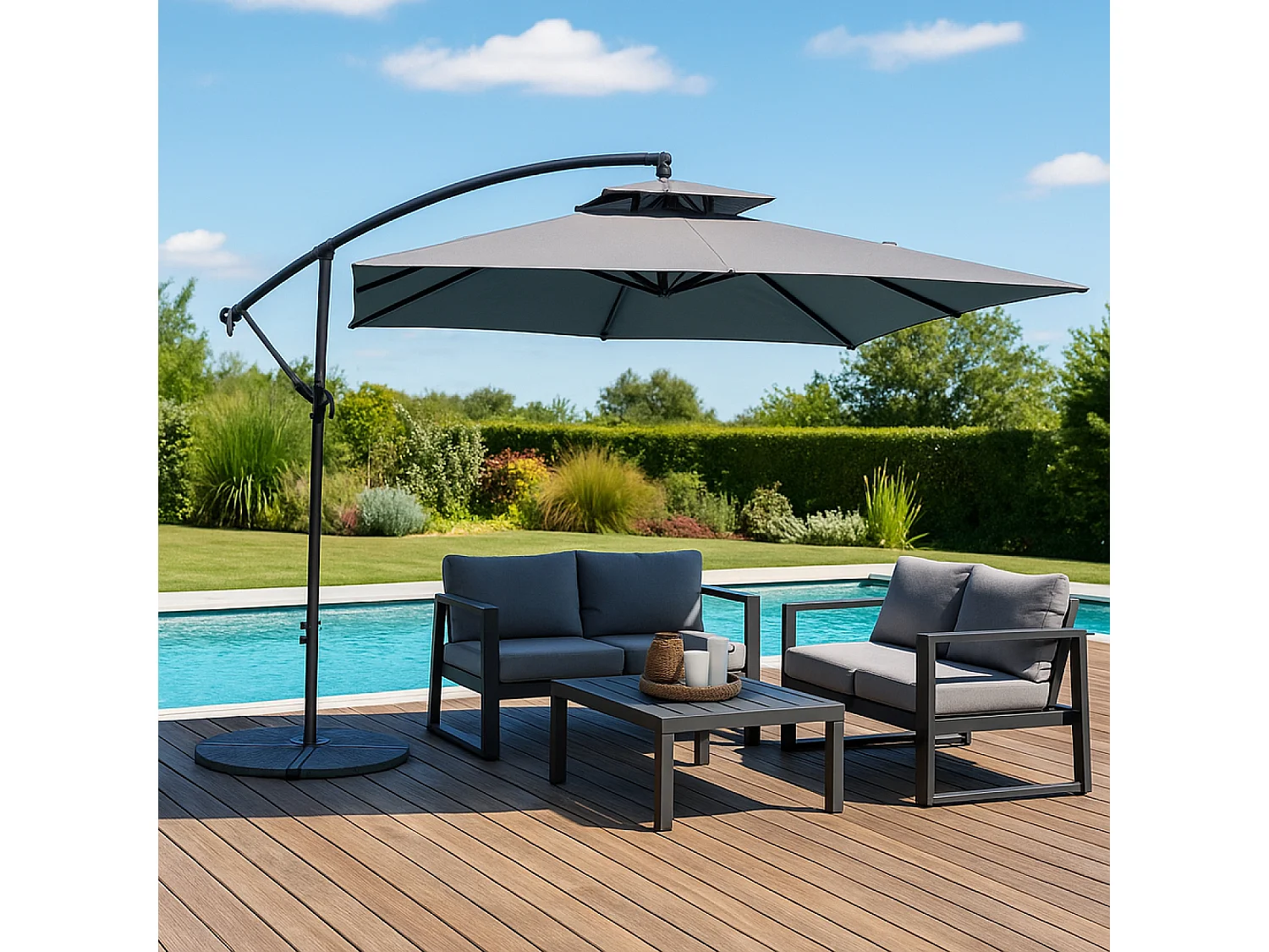 Vierkante Grijze Zweefparasol 3x3 m CAPRI Modern van Aluminium met Polyester Doek 160g/m²