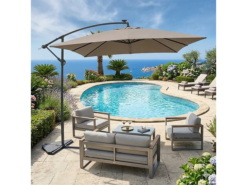 Parasol ecru déporté carré 3 x 3 m led SOLENZARA