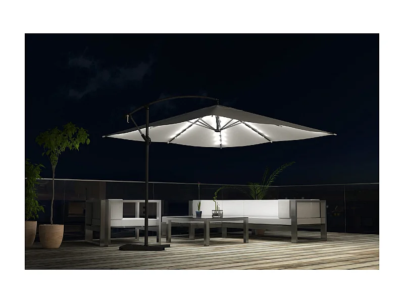 Versetzter LED-Sonnenschirm, quadratisch, 3x3m, elfenbeinfarben, SOLENZARA BULLE mit Solarpanel und LED-Lichtern