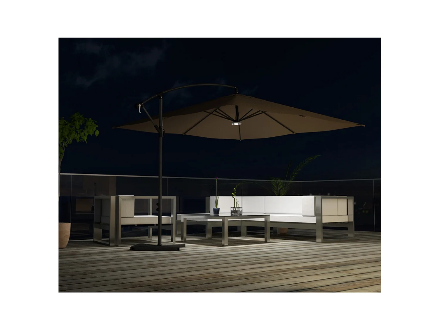 Versetzter LED-Quadrat-Sonnenschirm 3x3m Schokolade SOLENZARA