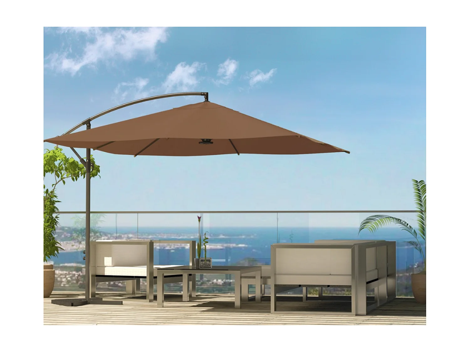 Verplaatste LED vierkante parasol 3x3m chocolade SOLENZARA