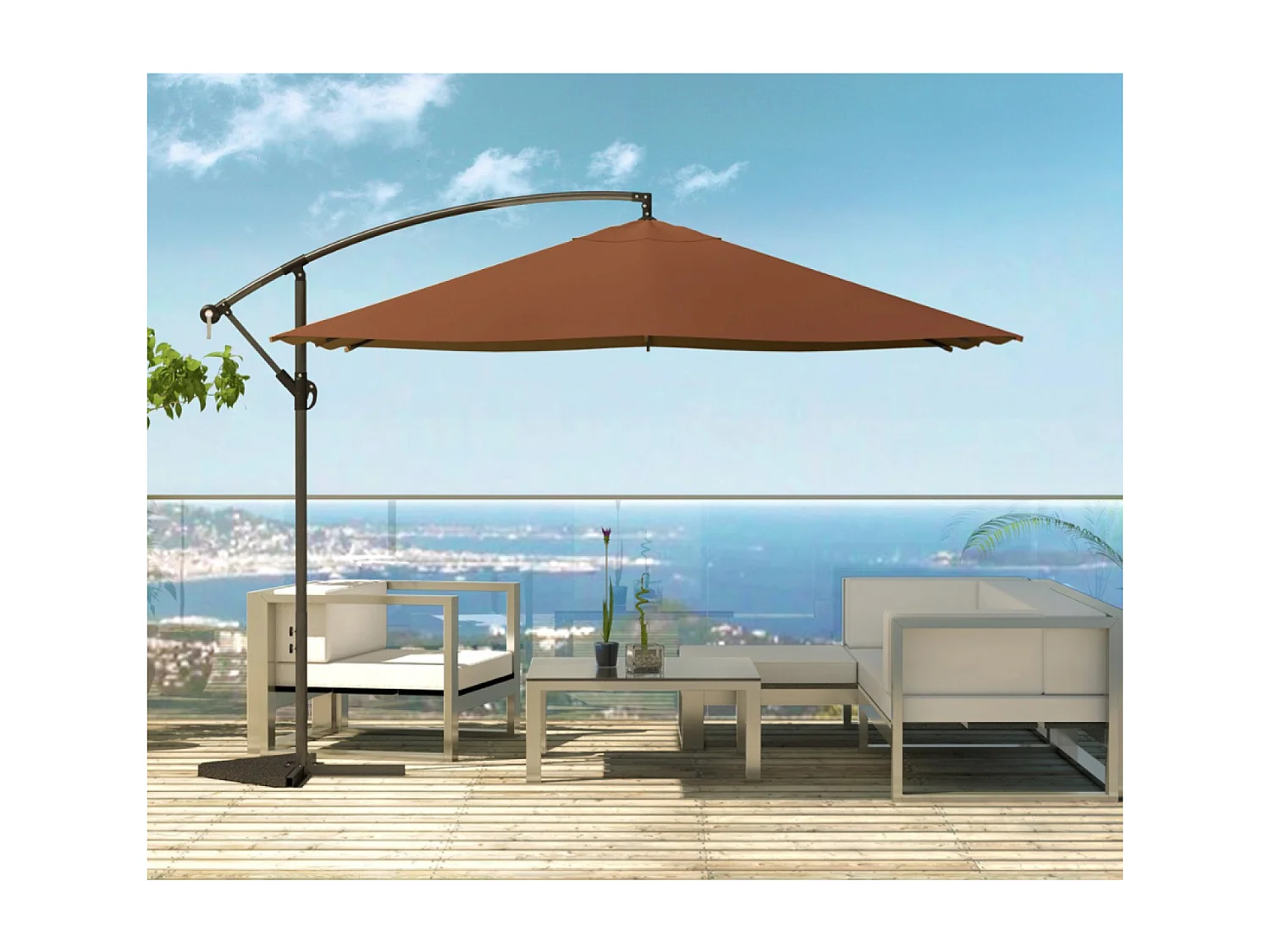 Verplaatste LED vierkante parasol 3x3m chocolade SOLENZARA