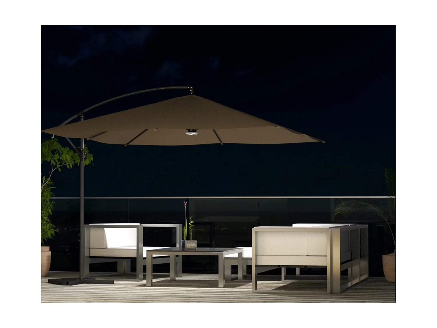 Verplaatste LED vierkante parasol 3x3m chocolade SOLENZARA