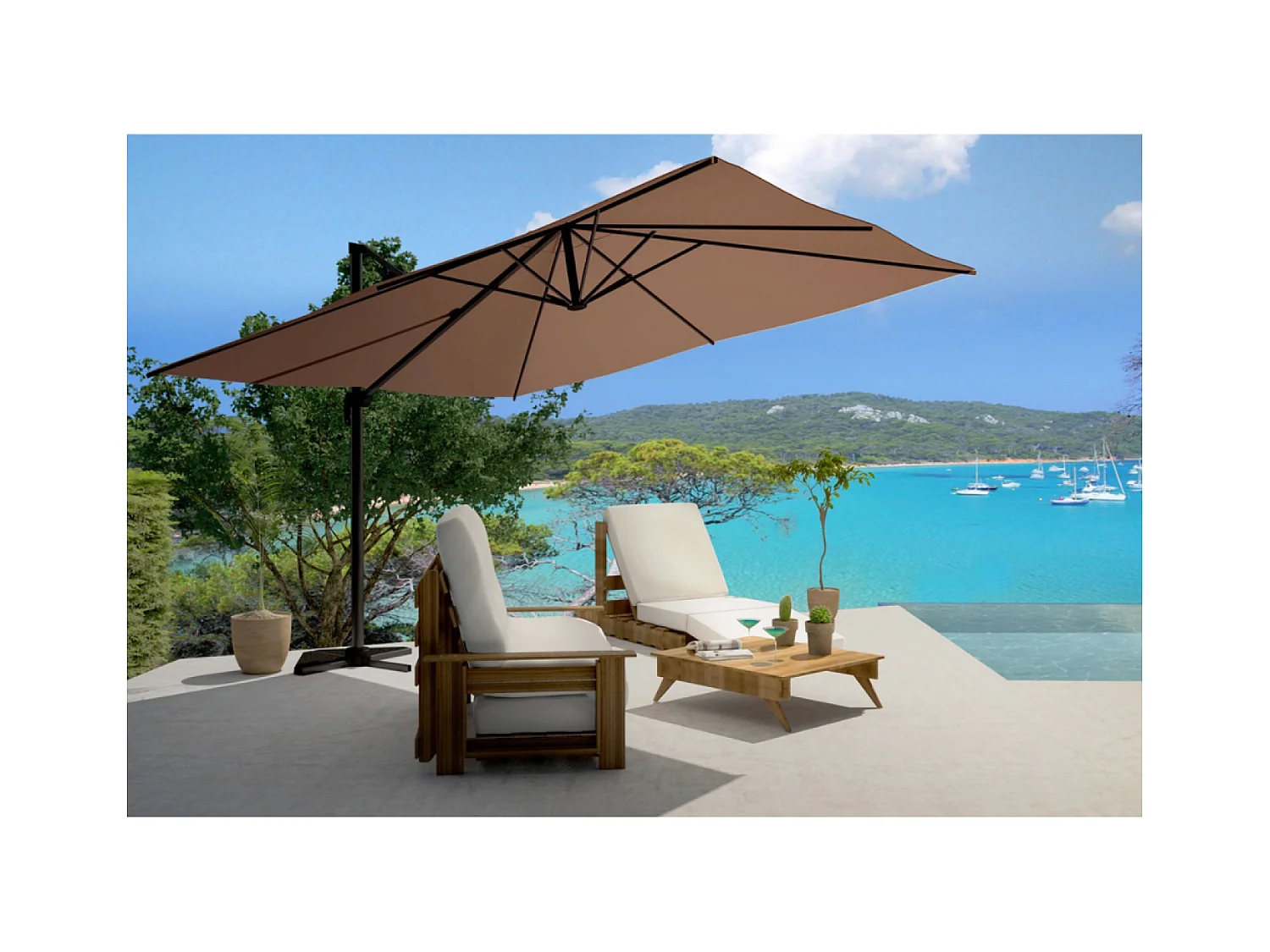 Parasol excéntrico cuadrado con LED de 3x3 m crudo SOLENZARA