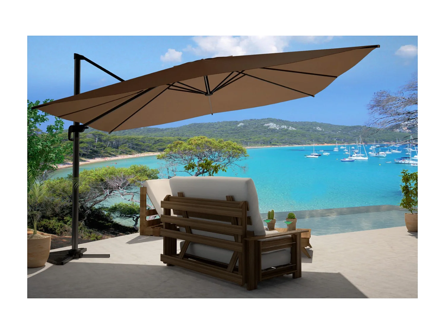 Verstelbare rechthoekige draaibare parasol 360° 3x4m chocolade CESARE