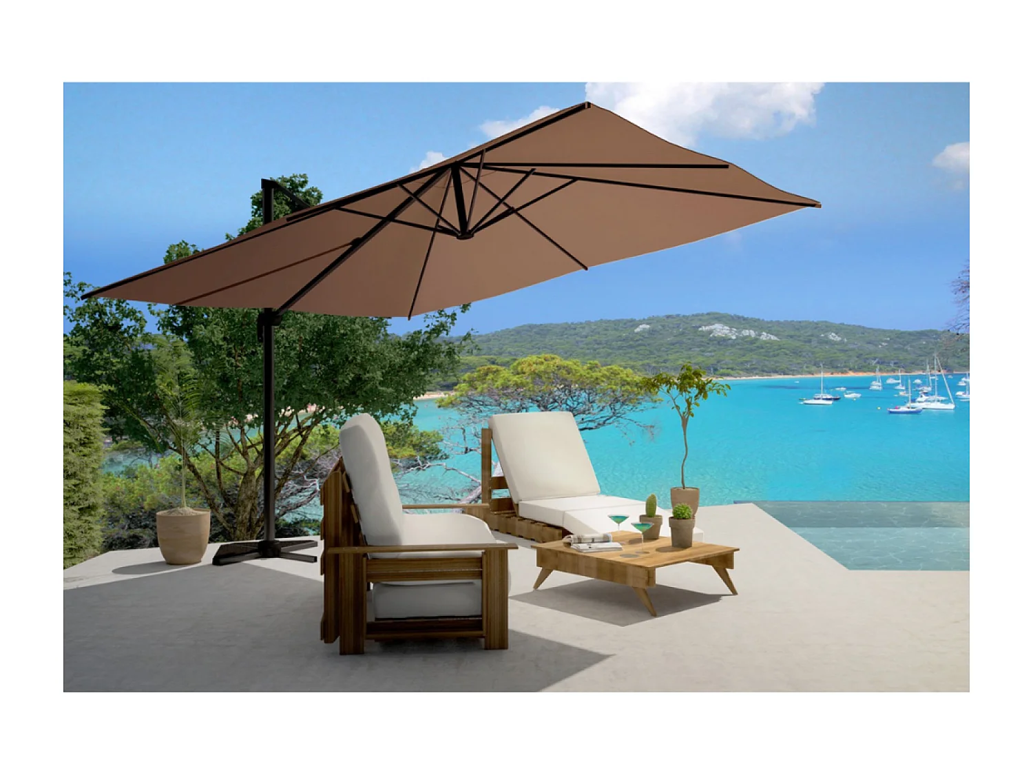 Verstelbare rechthoekige draaibare parasol 360° 3x4m chocolade CESARE