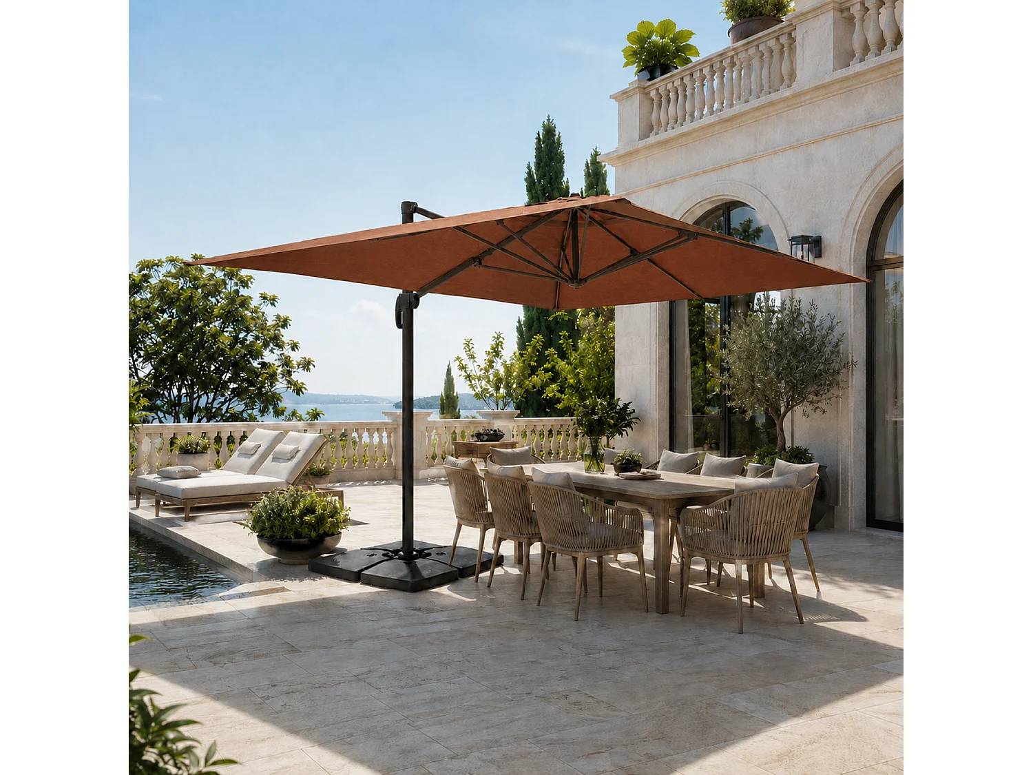 Verstelbare rechthoekige draaibare parasol 360° 3x4m chocolade CESARE