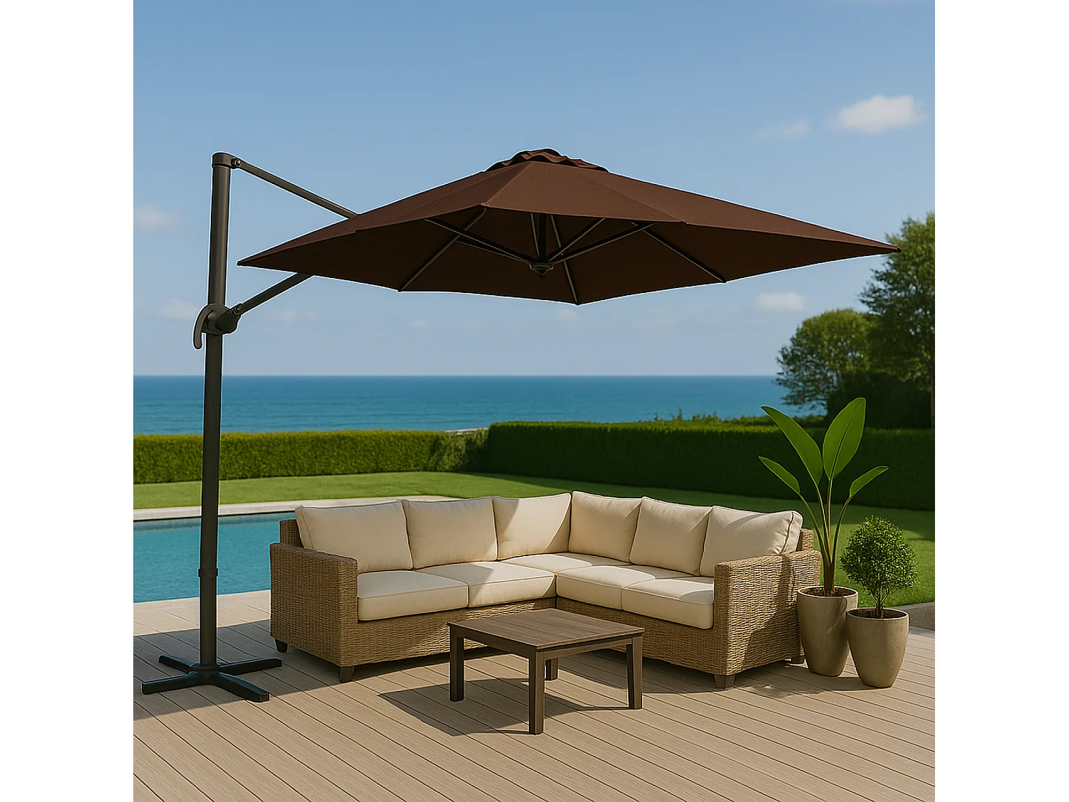 Parasol marron droit rond 3,5 x 3,5 m rotatif à 360 CASTILLO