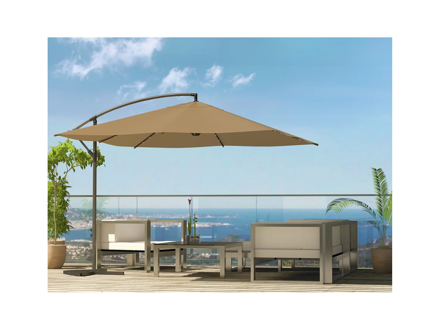 Verplaatste LED zweefparasol 3x3m vierkant chocolade SOLENZARA BULLE