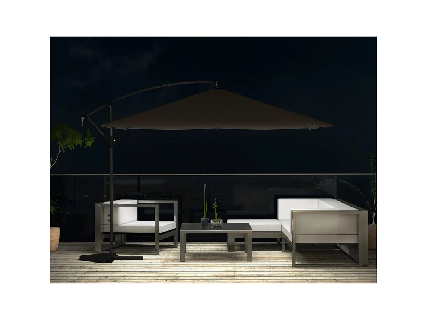 Verplaatste LED zweefparasol 3x3m vierkant chocolade SOLENZARA BULLE