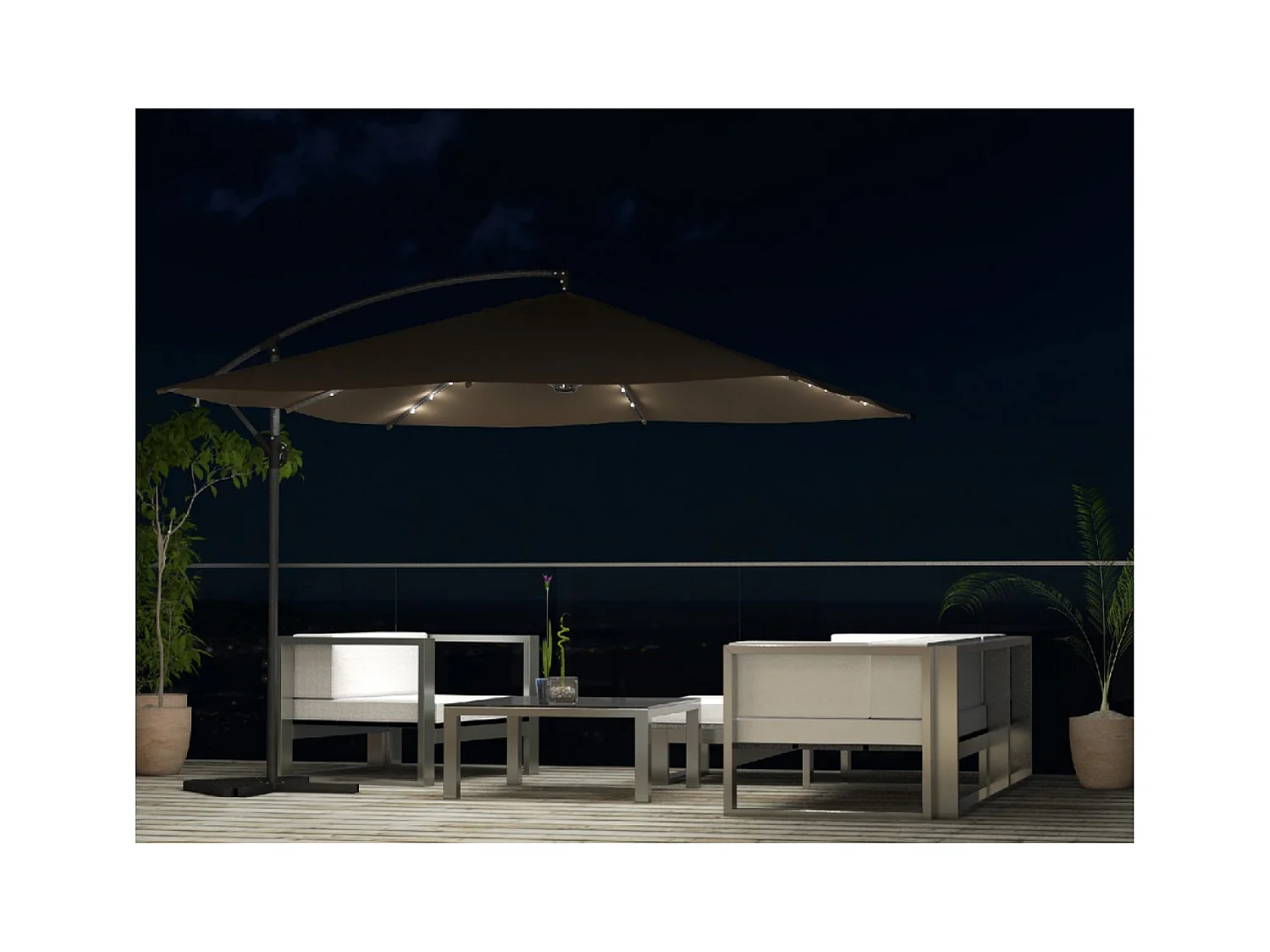 Verplaatste LED zweefparasol 3x3m vierkant chocolade SOLENZARA BULLE