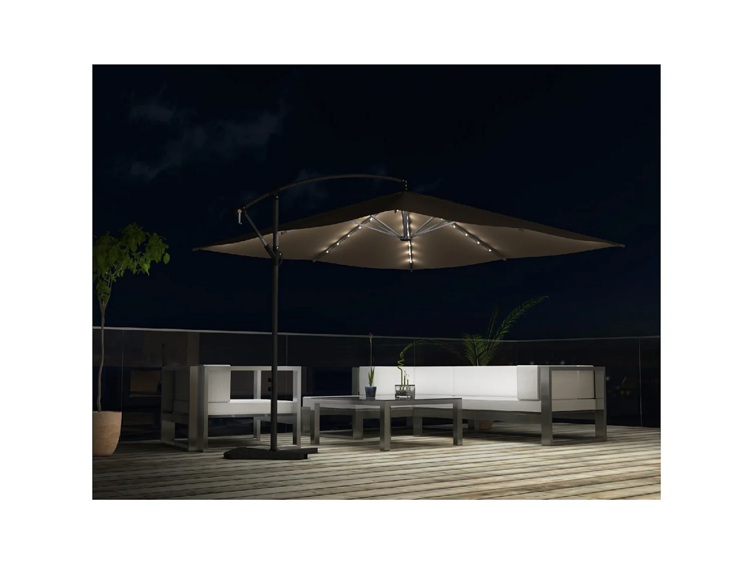 Verplaatste LED zweefparasol 3x3m vierkant chocolade SOLENZARA BULLE