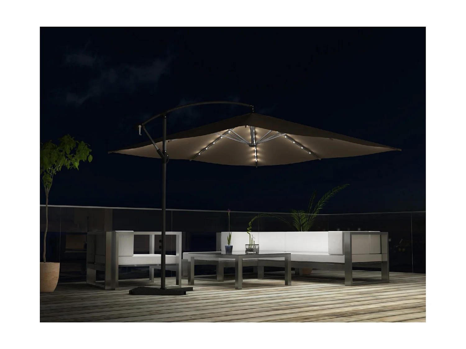 Verplaatste LED zweefparasol 3x3m vierkant chocolade SOLENZARA BULLE