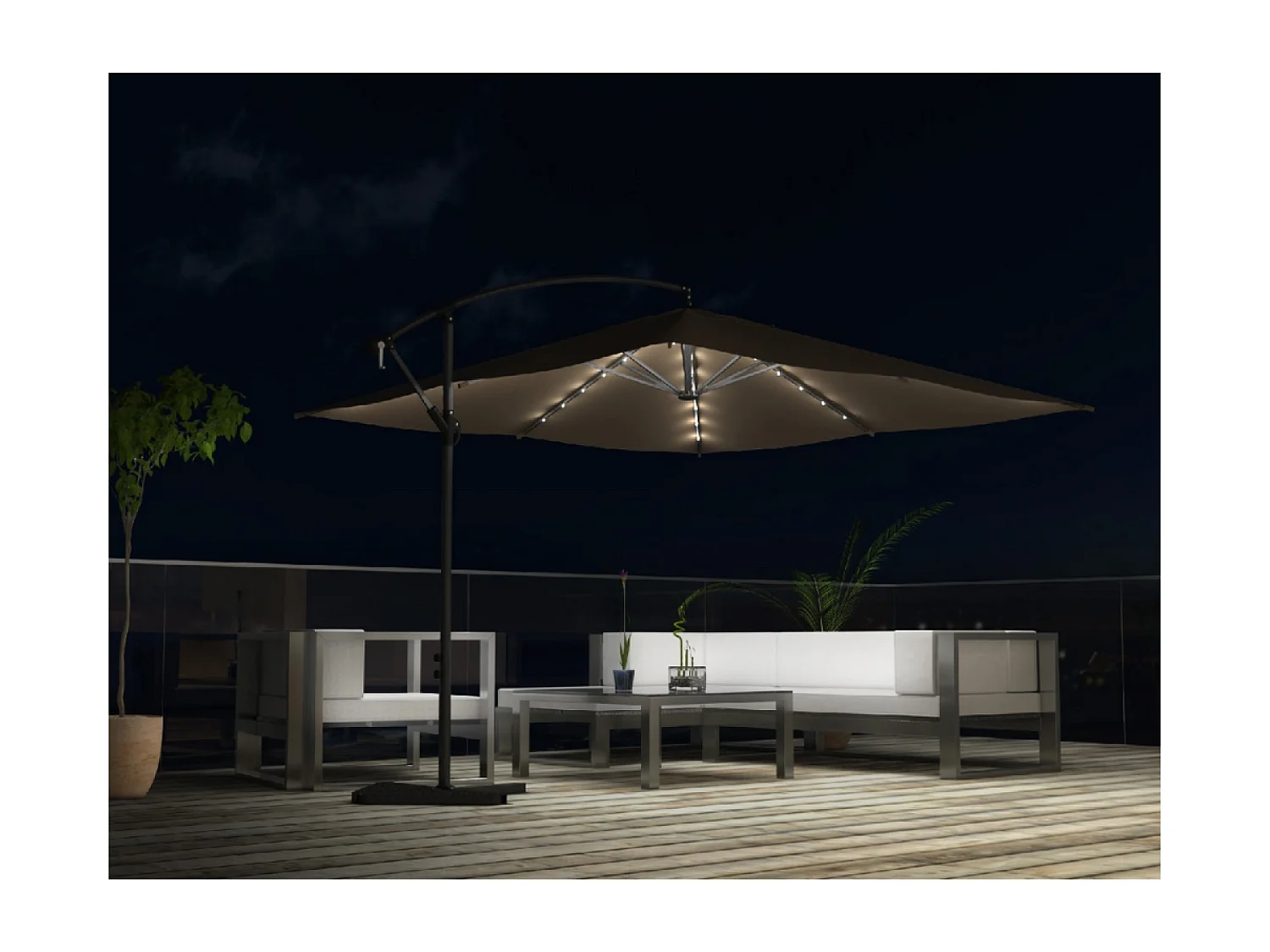 Verplaatste LED zweefparasol 3x3m vierkant chocolade SOLENZARA BULLE