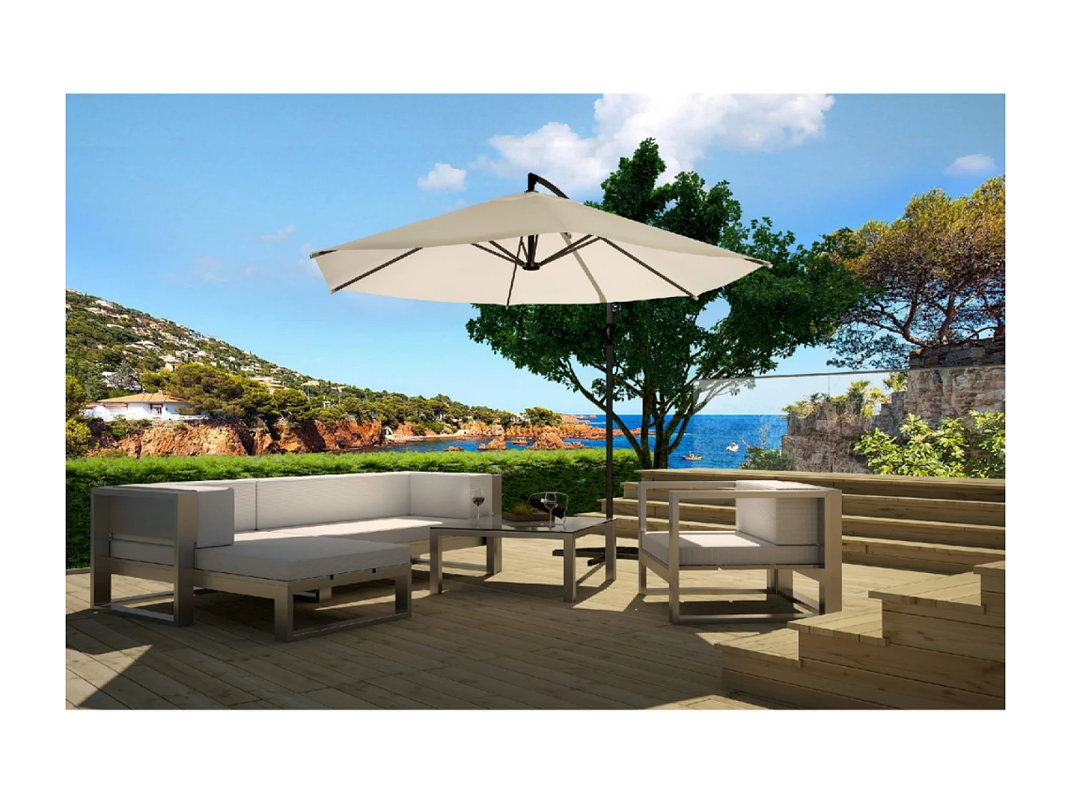 Verplaatste ronde parasol crème Ø300cm met anti-retour zwengel en luifel - PORTICCIO