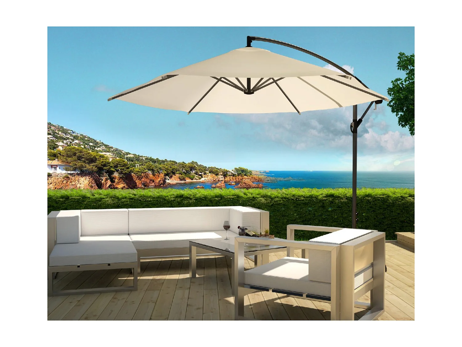 Verplaatste ronde parasol crème Ø300cm met anti-retour zwengel en luifel - PORTICCIO