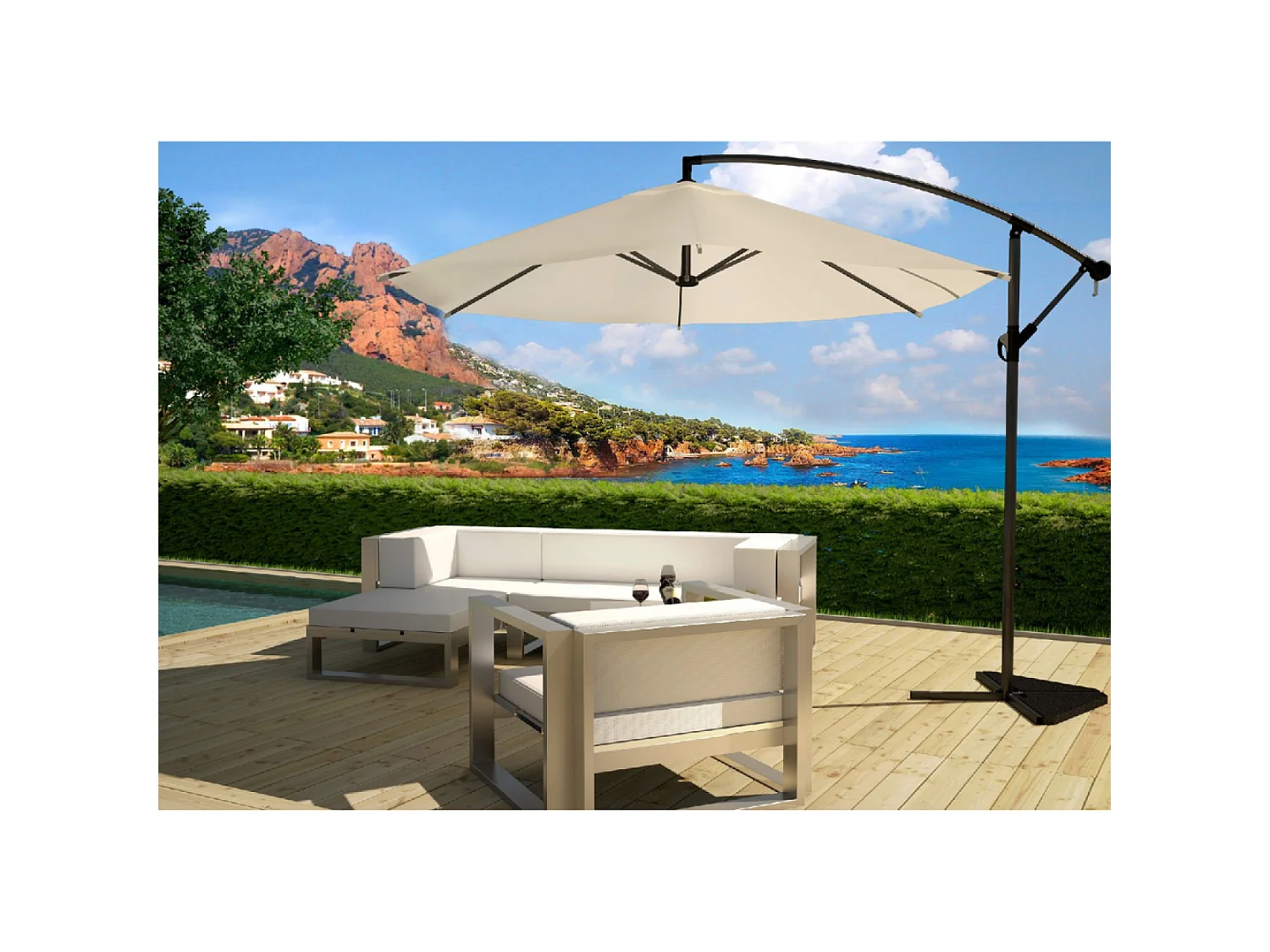 Parasol  ecru déporté rond 3 x 3 m PORTICCIO