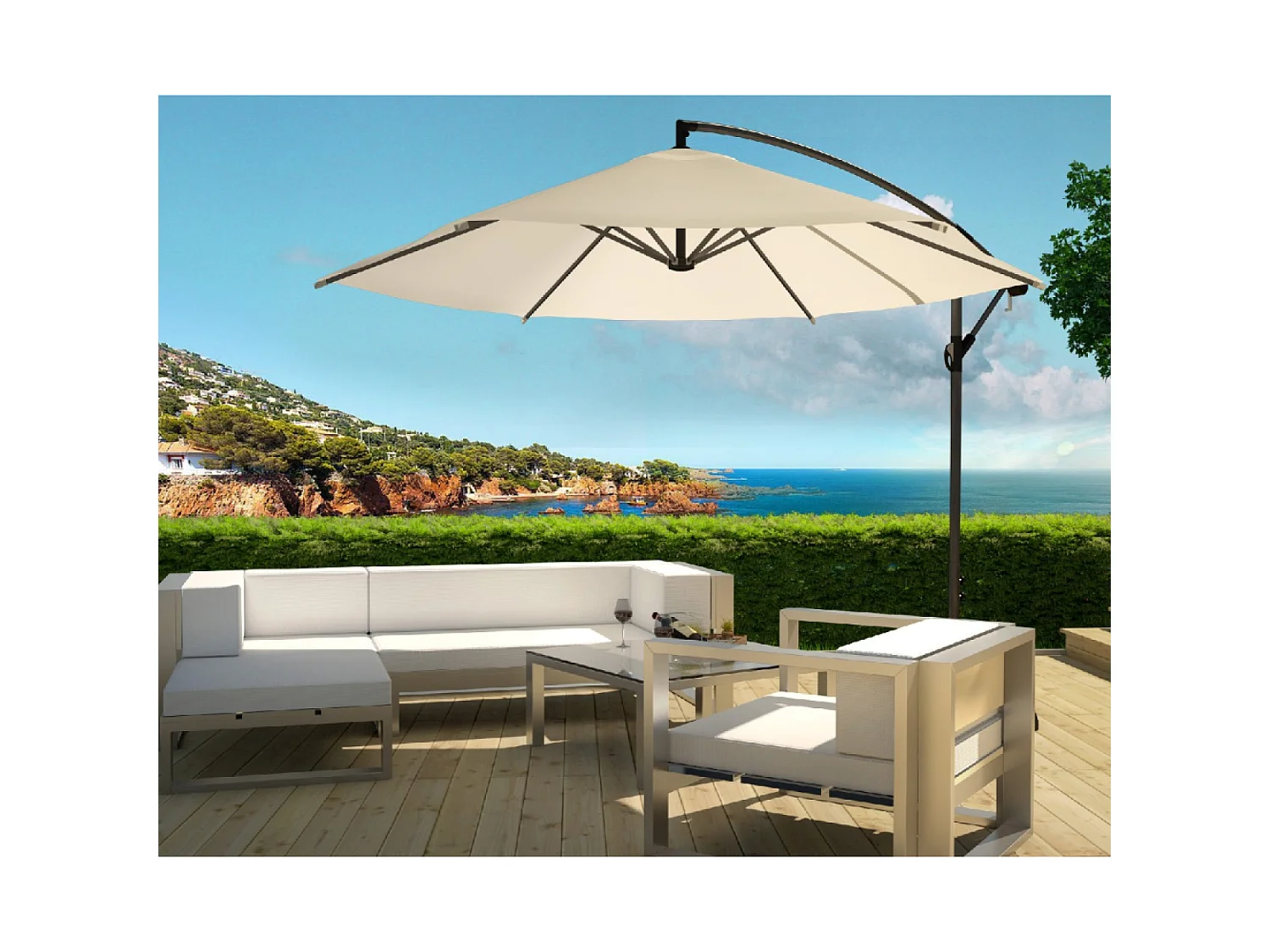 Parasol  ecru déporté rond 3 x 3 m PORTICCIO
