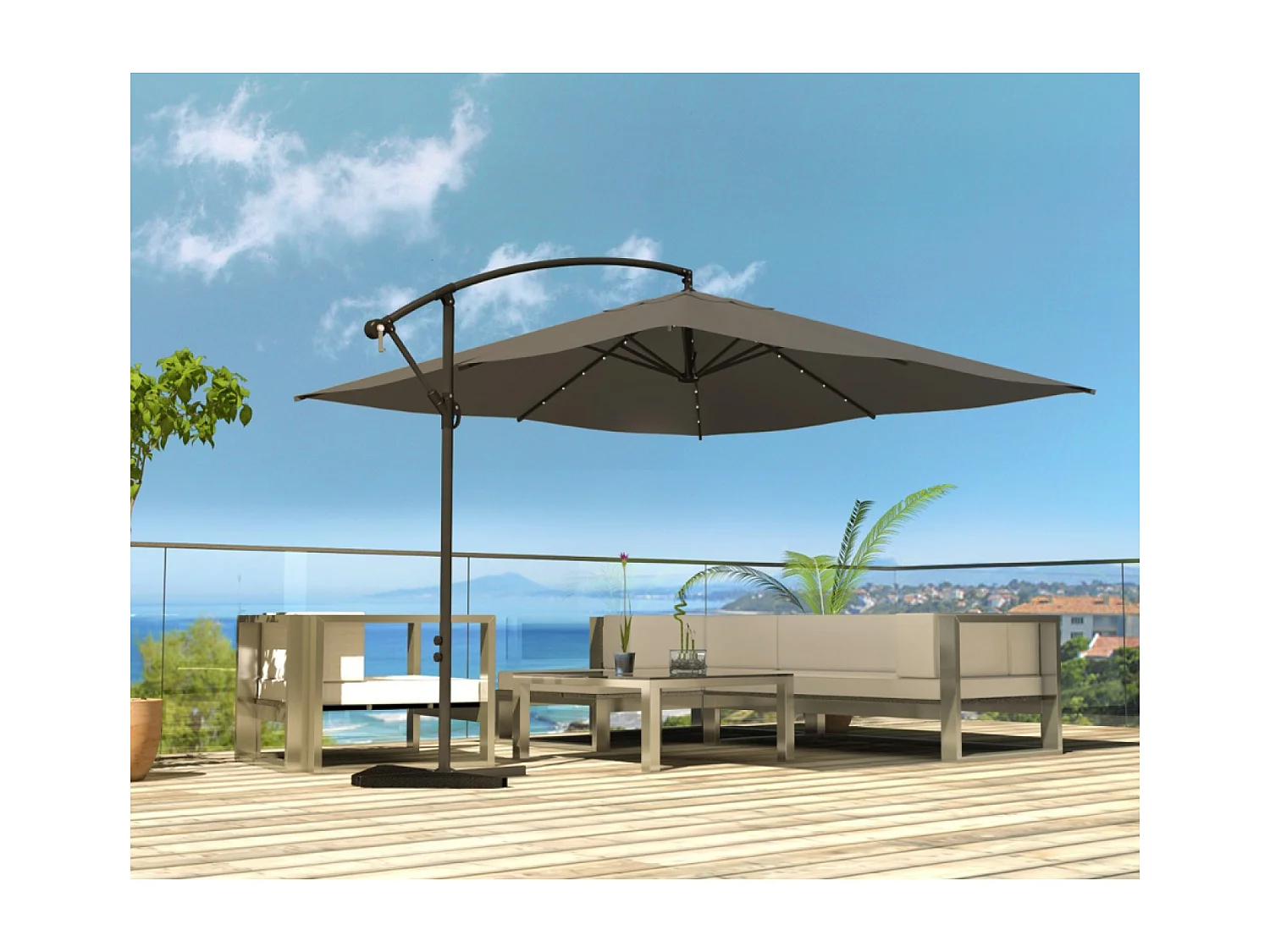 LED zweefparasol vierkant 3x3m grijs SOLENZARA BULLE