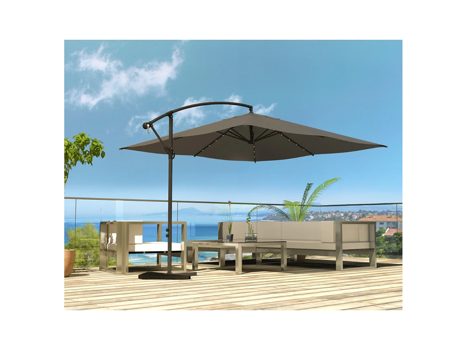 Parasol Bulle LED déporté 3 x 3 m gris SOLENZARA