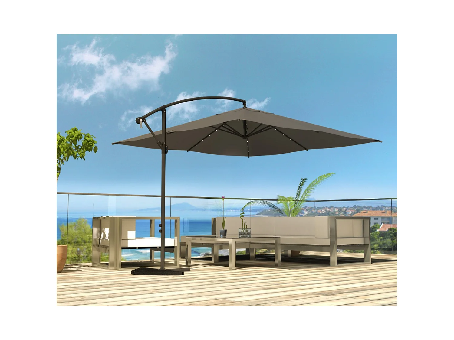 Parasol  gris déporté carré 3 x 3 m led SOLENZARA
