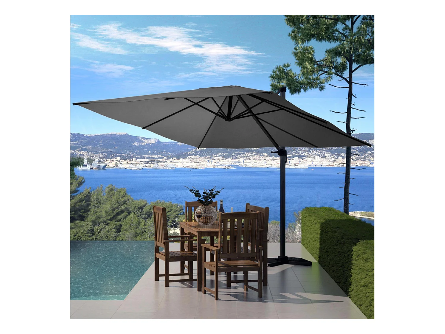 Palatino gris : Parasol déporté, carré de 3x3m, rotatif à 360 degrès PALATINO
