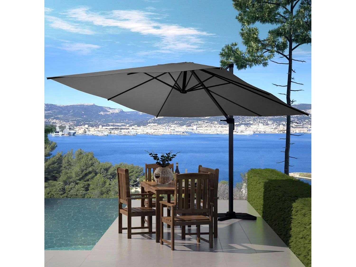 Parasol excéntrico, cuadrada de 3x3 m, giratoria 360 ° gris PALATINO