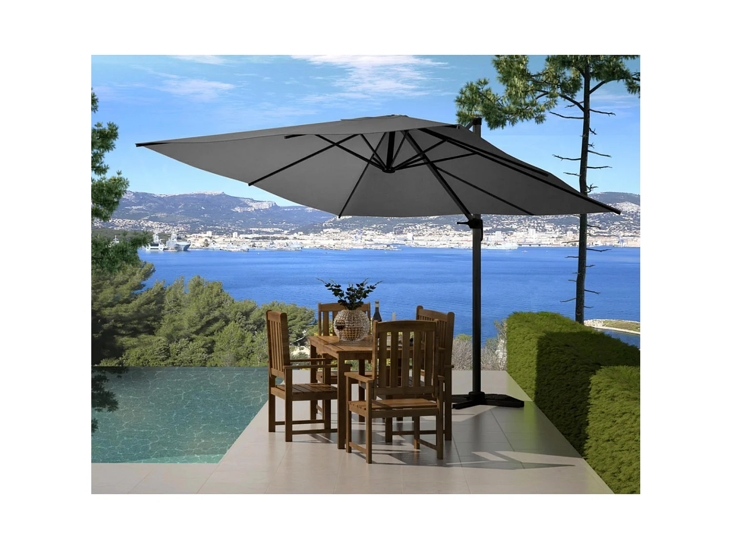 Parasol excéntrico, cuadrada de 3x3 m, giratoria 360 ° gris PALATINO