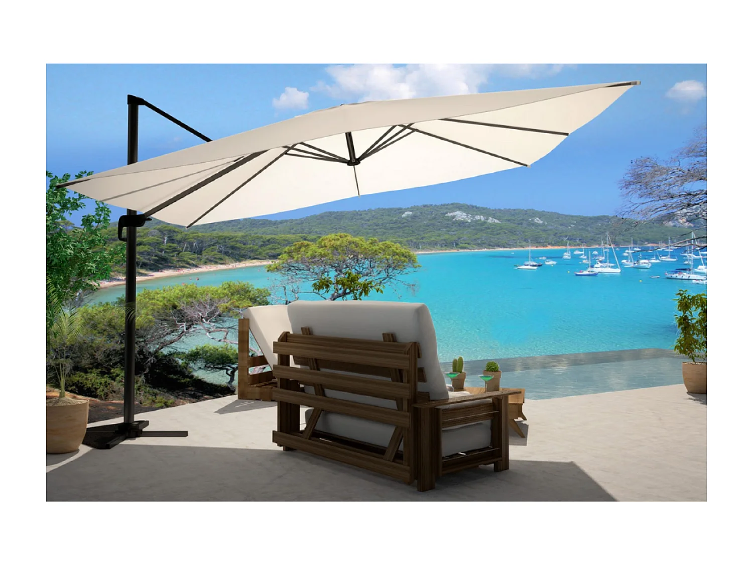 Parasol ecru déporté rectangle 3 x 4 m rotatif à 360 CESARE