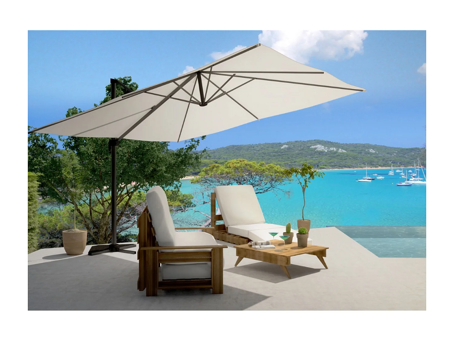 Parasol ecru déporté rectangle 3 x 4 m rotatif à 360 CESARE