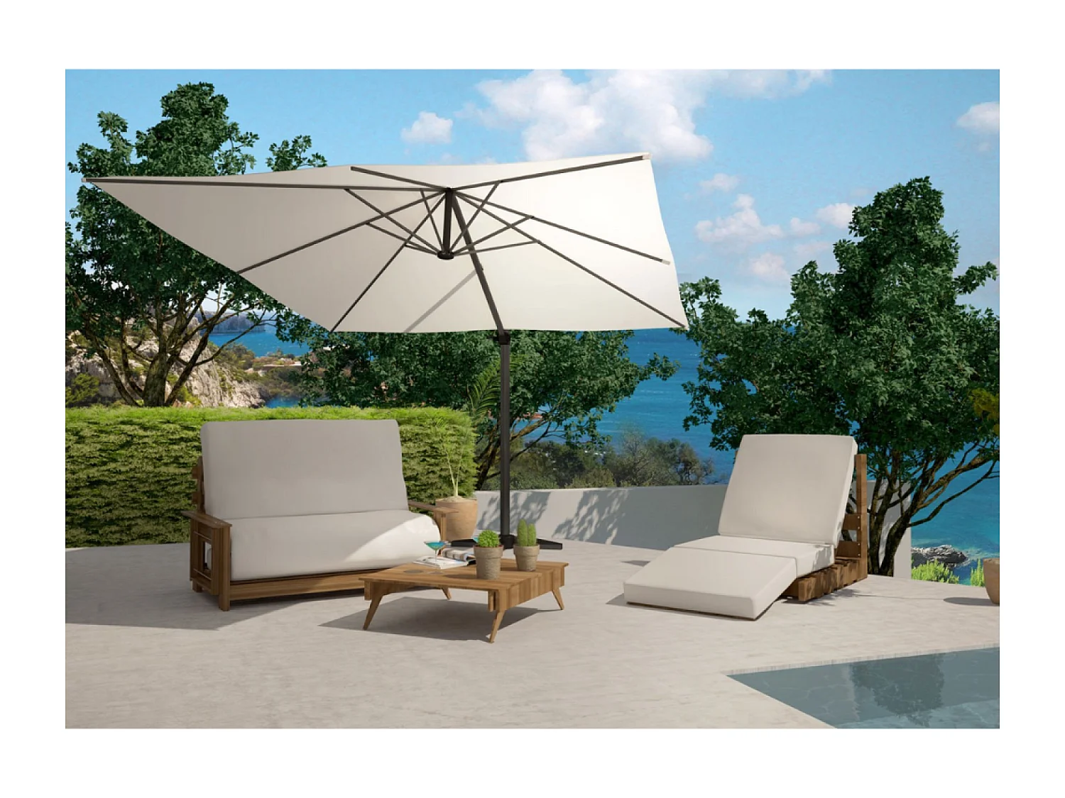 Parasol ecru déporté rectangle 3 x 4 m rotatif à 360 CESARE