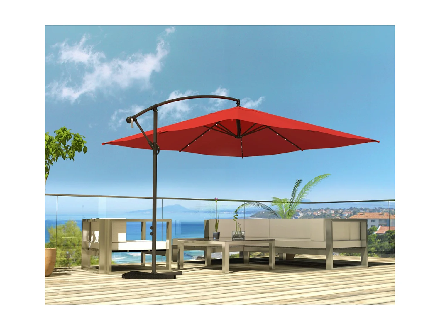 Verplaatste LED zweefparasol vierkant 3x3m terracotta SOLENZARA BULLE