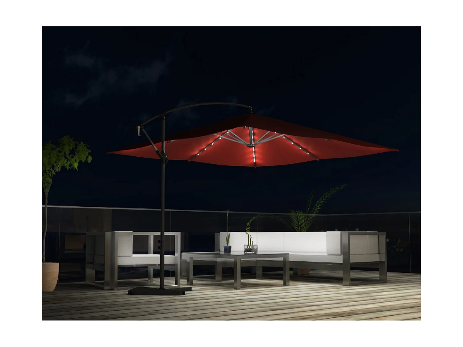 Verplaatste LED zweefparasol vierkant 3x3m terracotta SOLENZARA BULLE