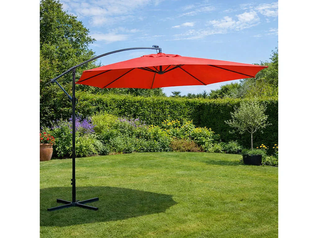 Parasol excéntrico cuadrado con LED de 3x3 m terracota SOLENZARA