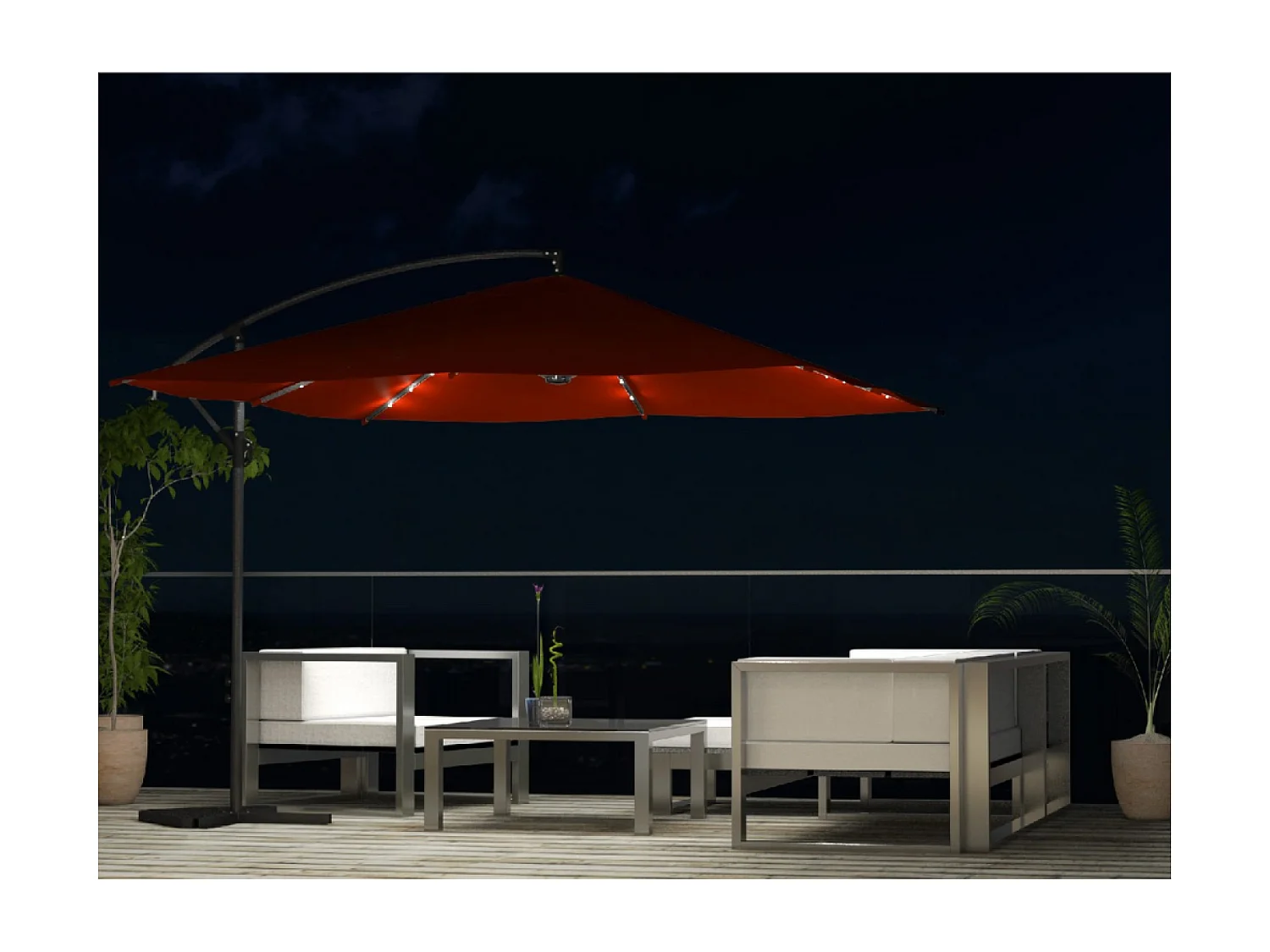 Parasol excéntrico cuadrado con LED de 3x3 m terracota SOLENZARA