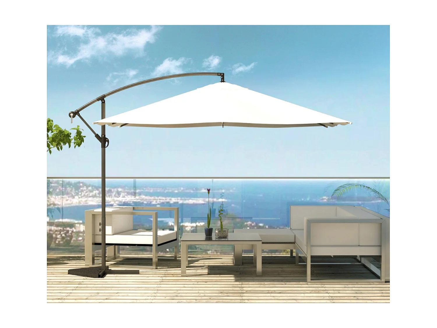 Guarda-sol LED deslocado quadrado 3x3m creme SOLENZARA