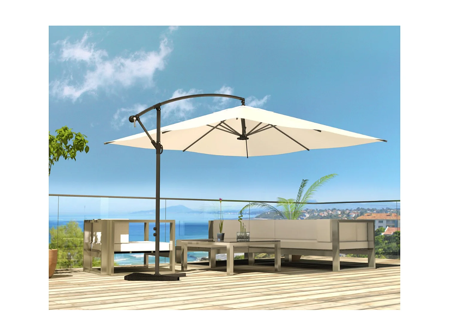 Guarda-sol LED deslocado quadrado 3x3m creme SOLENZARA