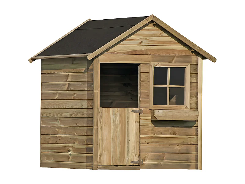 Casinha de madeira "Joaninha" para crianças de 3 a 8 anos com janela, porta e jardineira