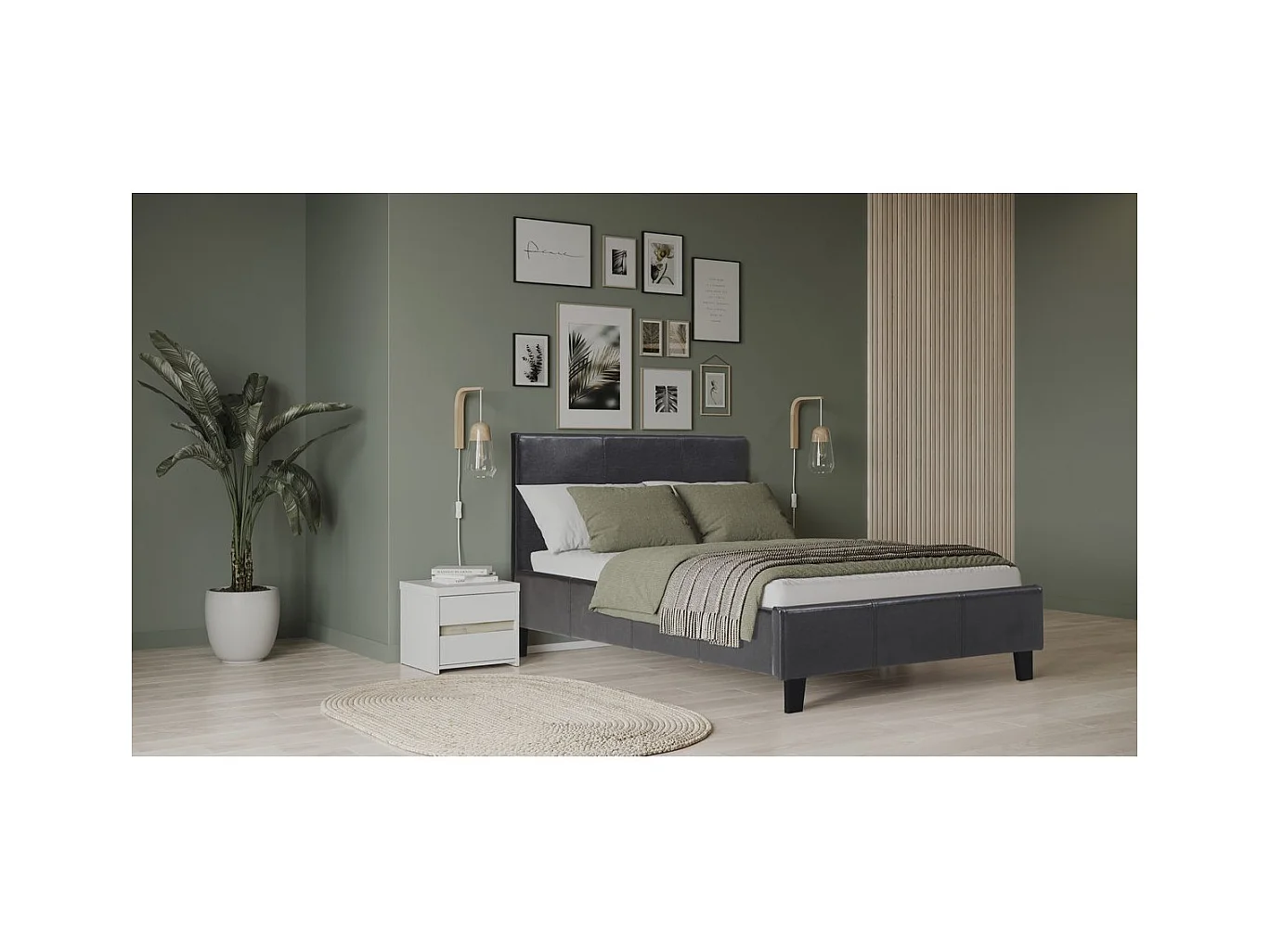 Dubbel bed "Lina" in zwart leer - lattenbodem en hoofdeinde inbegrepen - 90 x 190 cm