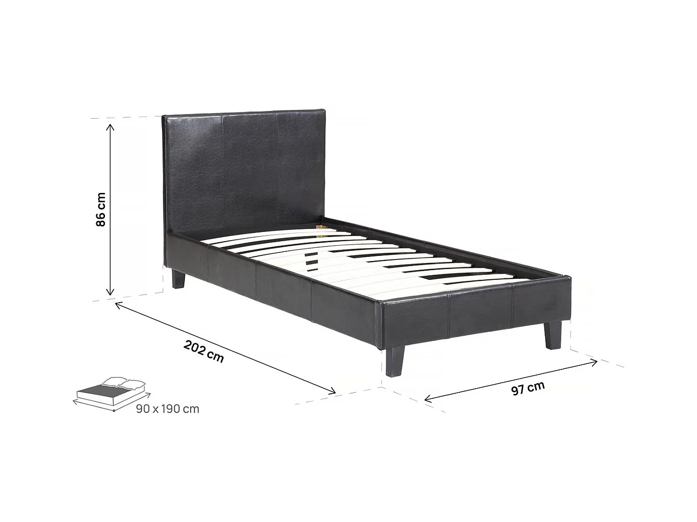 Dubbel bed "Lina" in zwart leer - lattenbodem en hoofdeinde inbegrepen - 90 x 190 cm