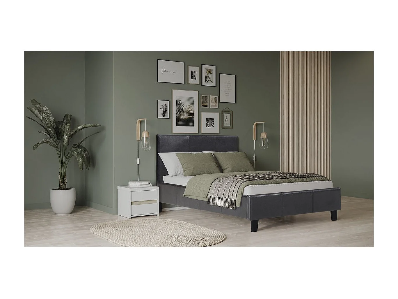 Dubbel bed "Lina" in zwart leer - lattenbodem en hoofdeinde inbegrepen - 90 x 190 cm