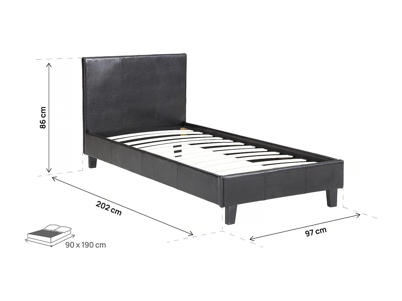 Dubbel bed "Lina" in zwart leer - lattenbodem en hoofdeinde inbegrepen - 90 x 190 cm