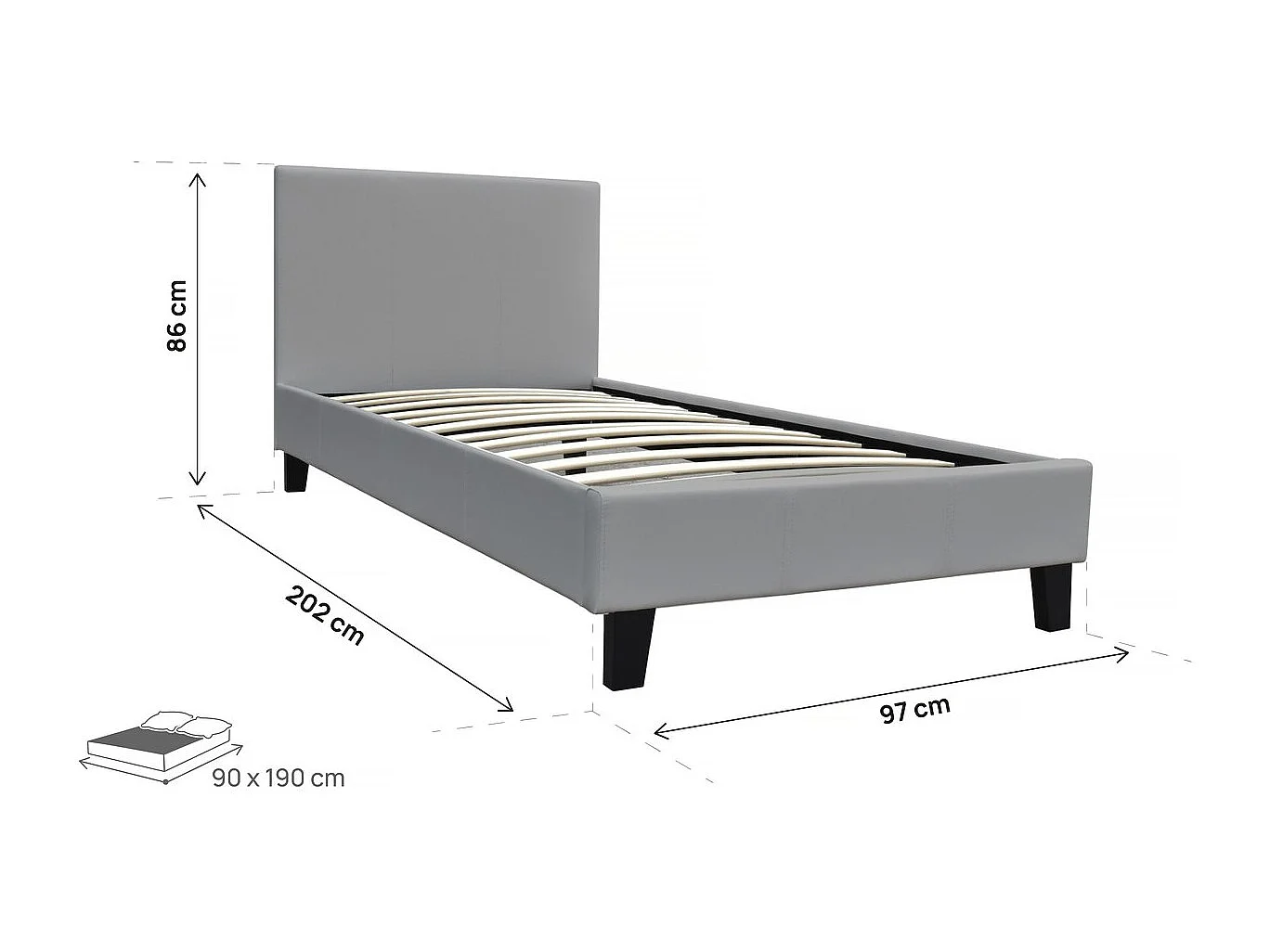 Lit "Lina" - 90 x 190 cm - Gris clair